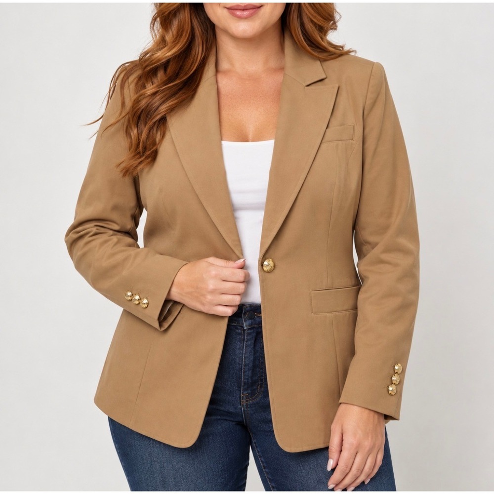 Talbots Blazer (12) Camel Tan Good Gold Crest Button Professional Jacket